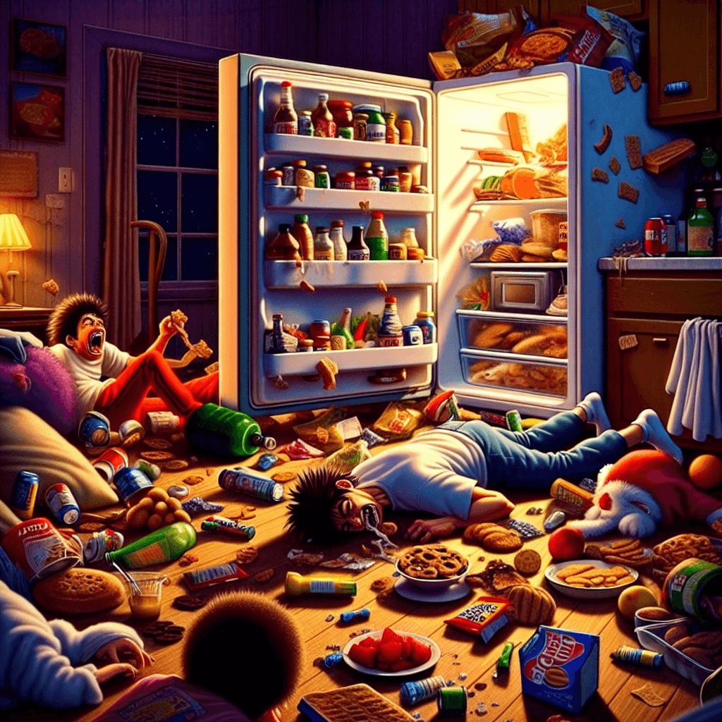 Meme divertido sobre Vida Diaria: Los antojos nocturnos pueden sentirse inevitables y caóticos, surgiendo cuando menos lo esperas. Este meme captura el conflicto interno de entregarse a estos caprichos nocturnos.