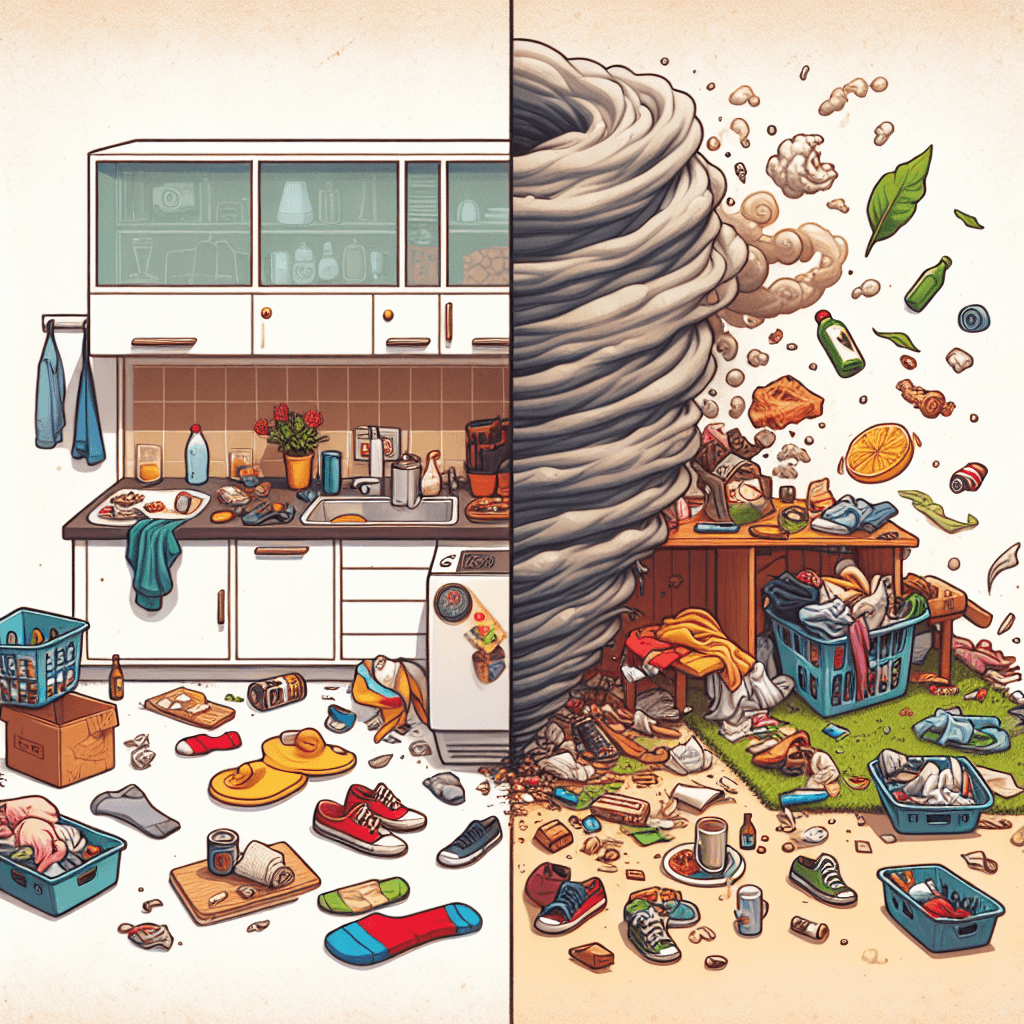 Funny meme about Daily Life: Cleaning a shared space with a roommate is a challenge, especially when they're a tornado of chaos. Relatable, sarcastic humor for anyone who's lived with roommates.