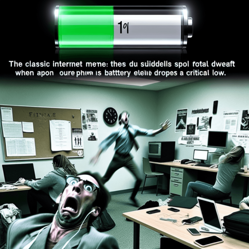 Lustiges Meme zu Fitness: Dieses Meme fängt humorvoll die existentielle Panik ein, die aufkommt, wenn der Handyakku auf diesen kritischen Wert sinkt. Jeder, der das erlebt hat, kennt das Gefühl!
