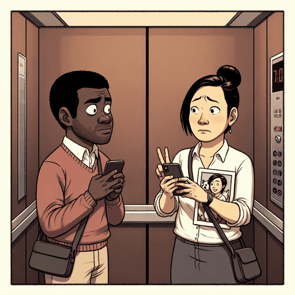 Meme engraçado sobre Relacionamentos: Já ficou preso em um elevador com alguém que você conhece, mas não consegue lembrar o nome do cachorro? Este meme captura esse momento constrangedor.