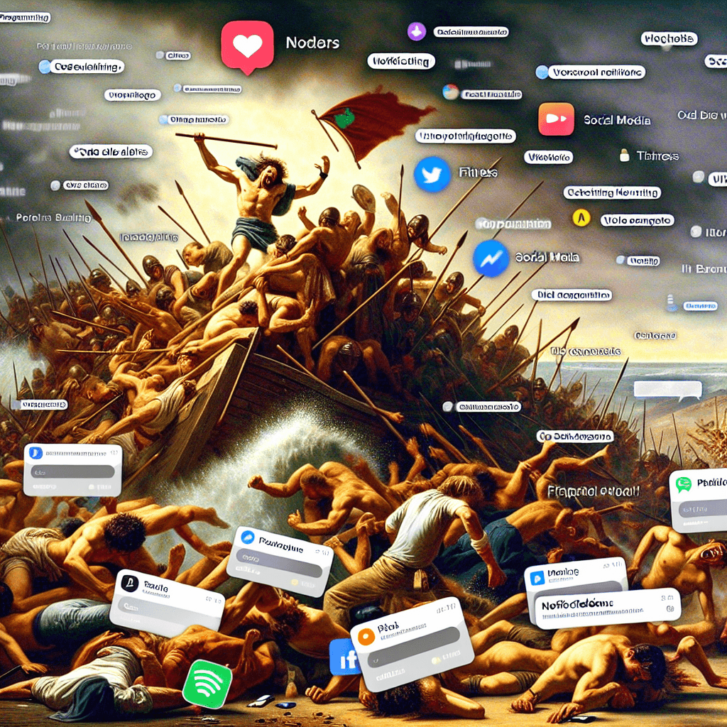 Lustiges Meme zu Programmierung: Dieses Meme zeigt humorvoll die überwältigende Flut von Benachrichtigungen, die wir täglich erleben, und führt zu einer dramatischen Erkenntnis der Ablenkung. Perfekt für jeden, der sich schon mal von seinen eigenen Geräten erdrückt gefühlt hat.