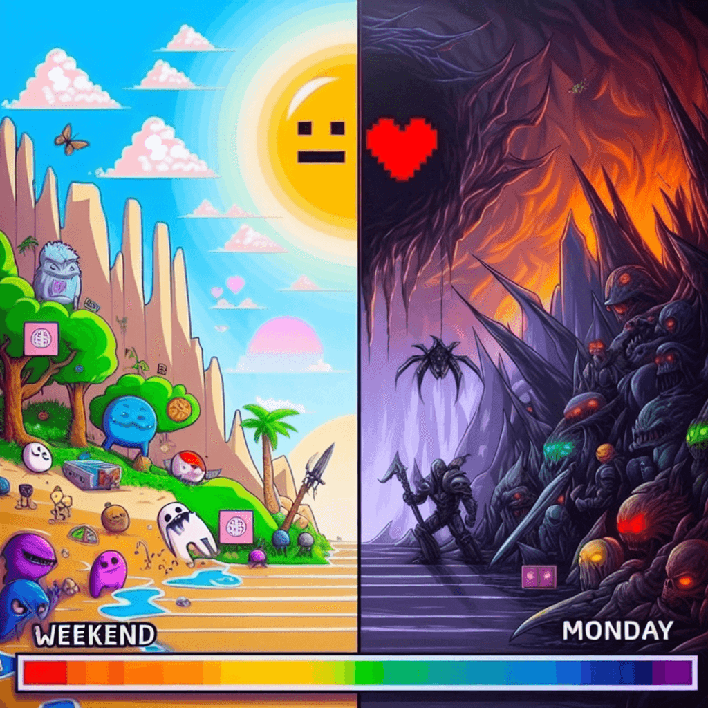 Mème drôle sur Jeux vidéo : Quand le week-end se termine et que la réalité frappe.