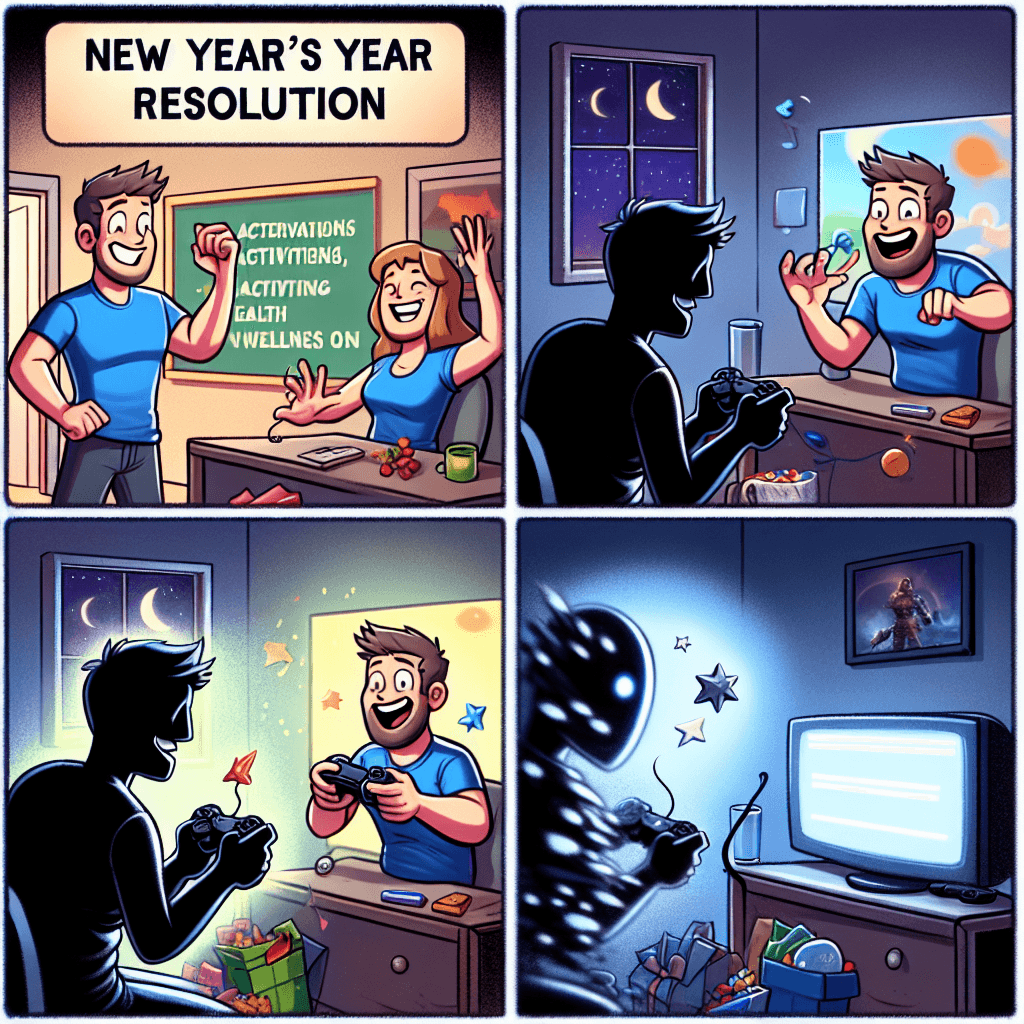 Meme divertido sobre Videojuegos: Una mirada humorística sobre cómo los gamers abordan sus resoluciones de Año Nuevo, a menudo esperando cambios drásticos que al final llevan a los mismos viejos hábitos. Este meme resuena con cualquiera que haya intentado cambiar su vida al empezar el año.