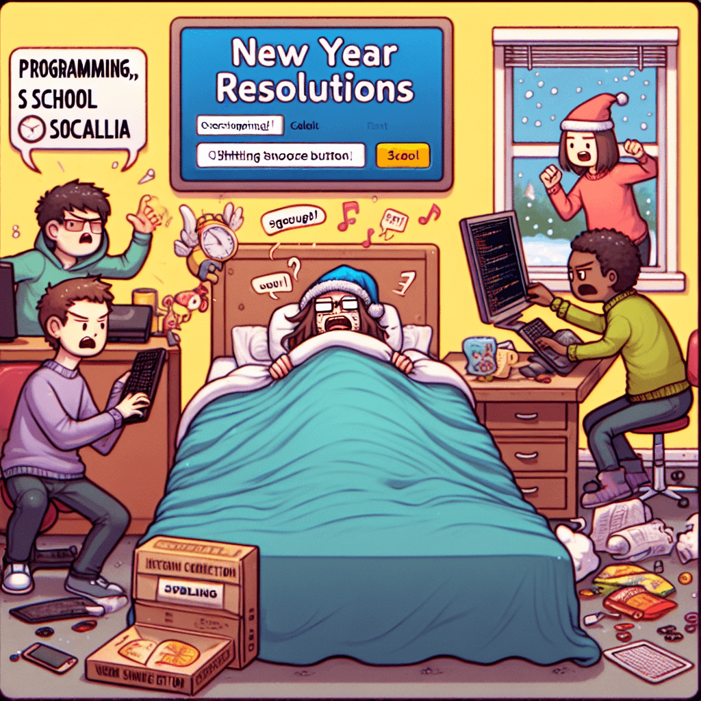 Meme divertido sobre Programación: Este meme captura perfectamente la irónica realidad de las resoluciones de Año Nuevo. Empiezas el año con grandes sueños pero enfrentas una lucha familiar: el botón de snooze.