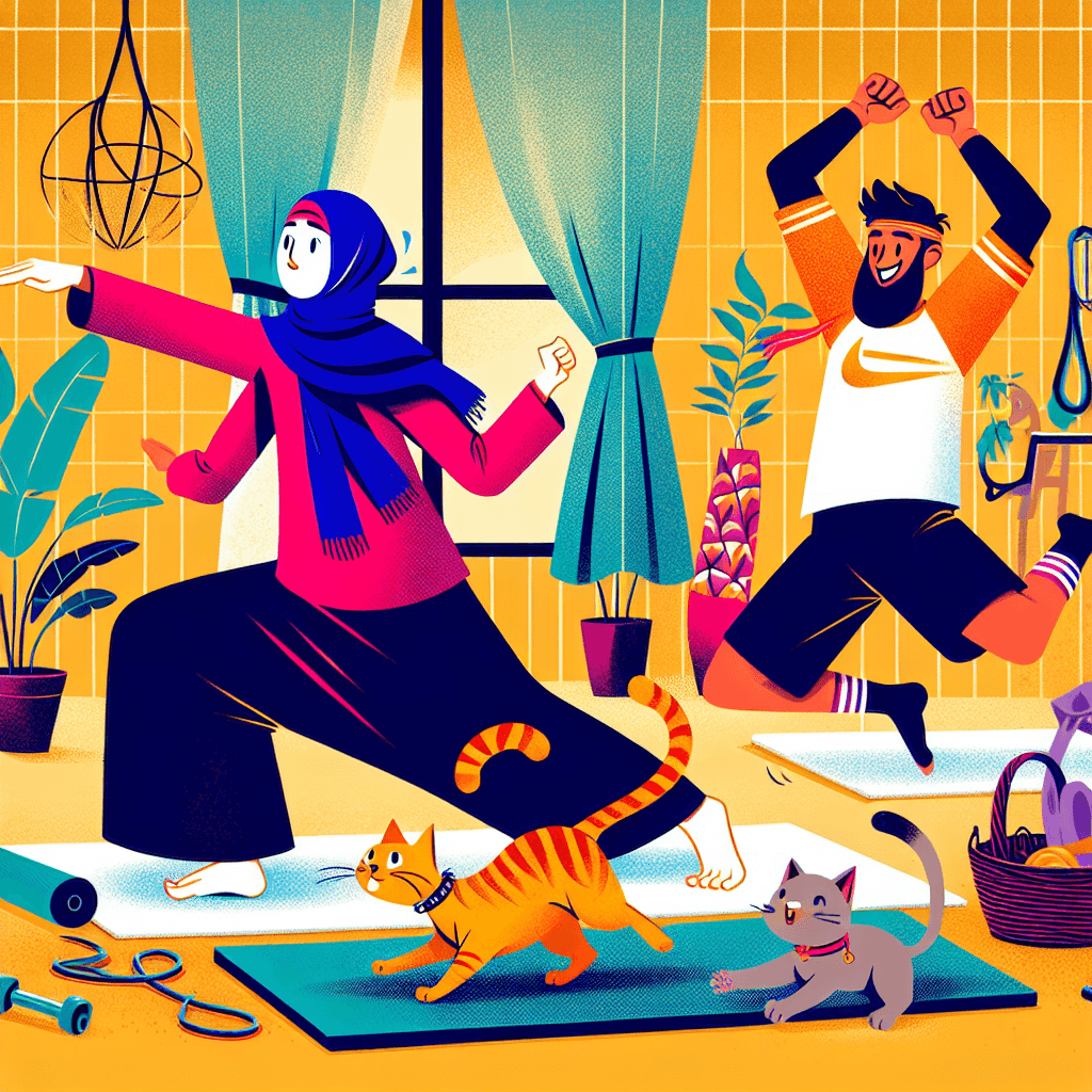 Смішний мем про «Фітнес»: Коли намагаєшся дотримуватись плану тренувань з улюбленцями поряд? Цей хаотичний мем відображає знайому боротьбу за підтримання форми, поки ти намагаєшся впоратися з примхами своїх пухнастих друзів.