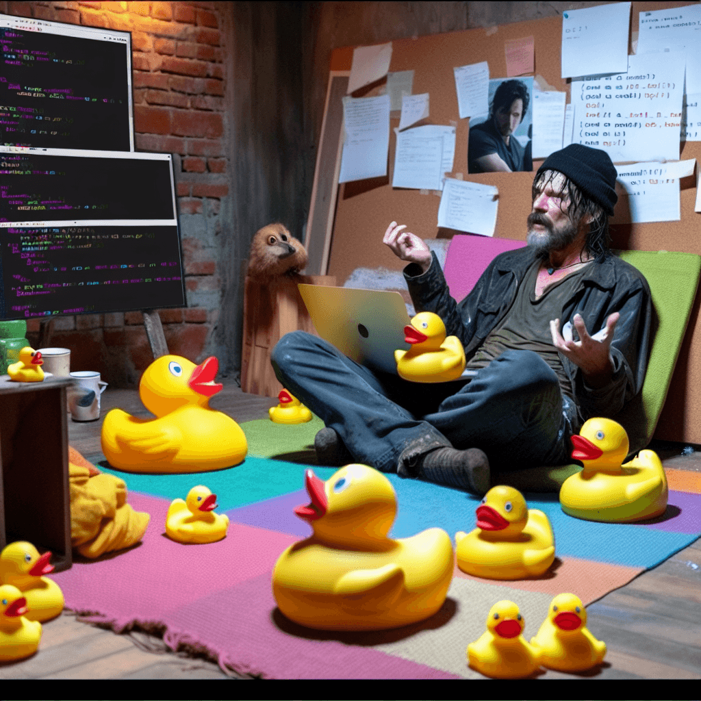 Lustiges Meme zu Programmierung: Dieses Meme fängt den ironischen Kampf mit Programmierfrustration ein, kontrastiert mit dem Trost der Gummienten-Therapie. Es ist eine humorvolle Betrachtung, wie Entwickler manchmal einen nicht wertenden Zuhörer brauchen, um komplexe Probleme zu lösen.