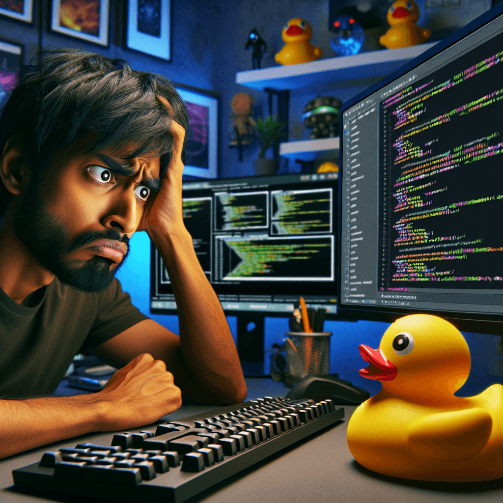 Lustiges Meme zu Programmierung: Hast du dich jemals bei einem Coding-Problem festgefahren und festgestellt, dass deine beste Therapie-Session mit einer Gummi-Ente ist? Dieses Meme fängt den Moment der Frustration ein, gefolgt von der Absurdität, Trost in einem quakenden Begleiter zu suchen.