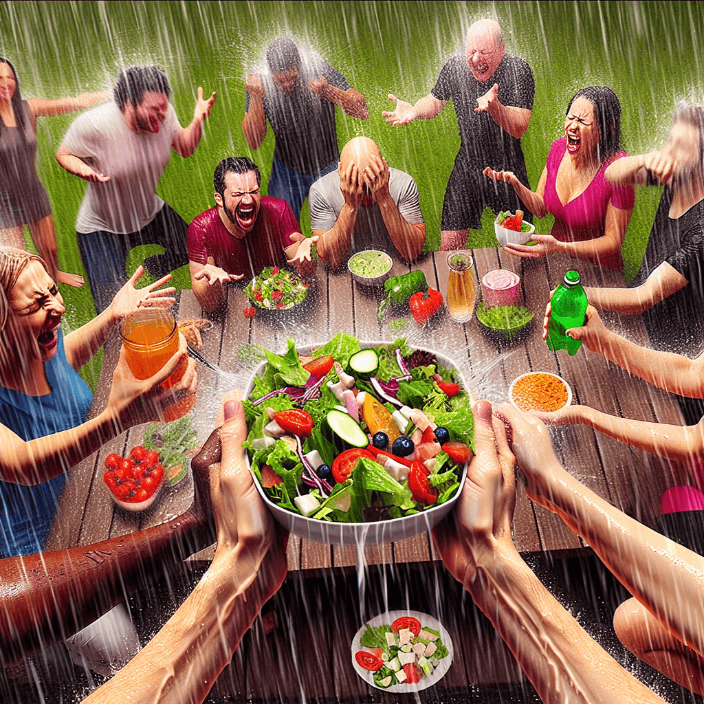 Смішний мем про «Тварини»: Чи траплялося вам мати ідеальний здоровий салат, але його зіпсувала несподівана дощ? Цей мем ідеально передає цей хаотичний момент, відгукуючись на почуття розчарування через погоду.