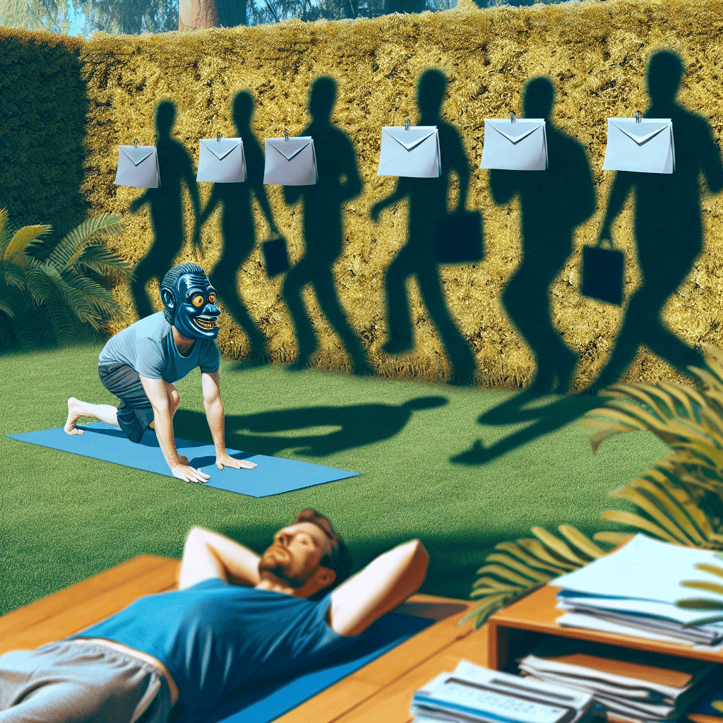 Lustiges Meme zu Fitness: Arbeitsstress kann dich sogar in der Pause überfallen! Dieses Meme zeigt den Moment, wenn Entspannung in Angst vor deinem überquellenden Posteingang umschlägt.