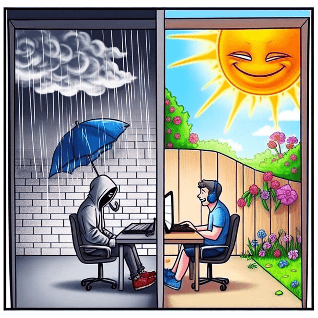 Zabawny mem o Praca: Ten mem gra na ironicznej rozbieżności między jasnym dniem a ponurym nastrojem. Idealny dla każdego, kto doświadczył rozbieżności nastroju z pogodą.