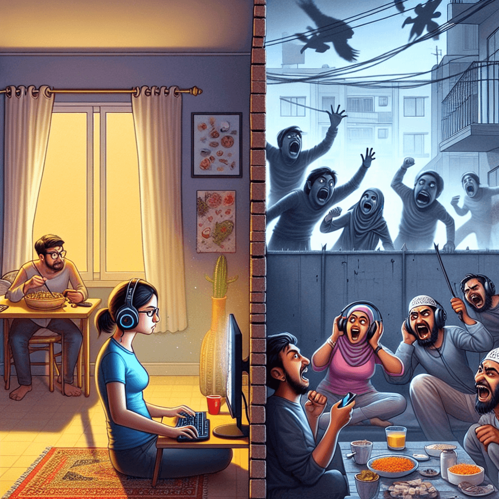 Funny meme about Gaming: This meme perfectly captures the struggle of maintaining focus while gaming amidst the noise of uninvited neighborly celebrations. It's a humorous take on how external disruptions can spoil our favorite leisure activities.