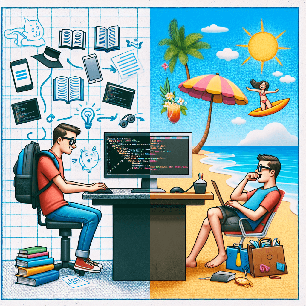 Смішний мем про «Програмування»: Кожен студент має момент, коли намагається зосередитися на навчанні, але його думки блукають у мріях про відпустку. Ця іронічна боротьба дуже знайома!