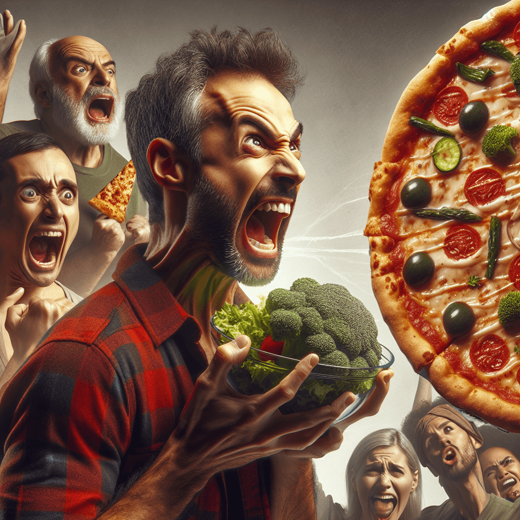 Lustiges Meme zu Beziehungen: Jeder kennt den Kampf, gesund essen zu wollen, während man von leckerem Essen verführt wird. Dieses Meme fängt diesen chaotischen inneren Kampf perfekt ein.
