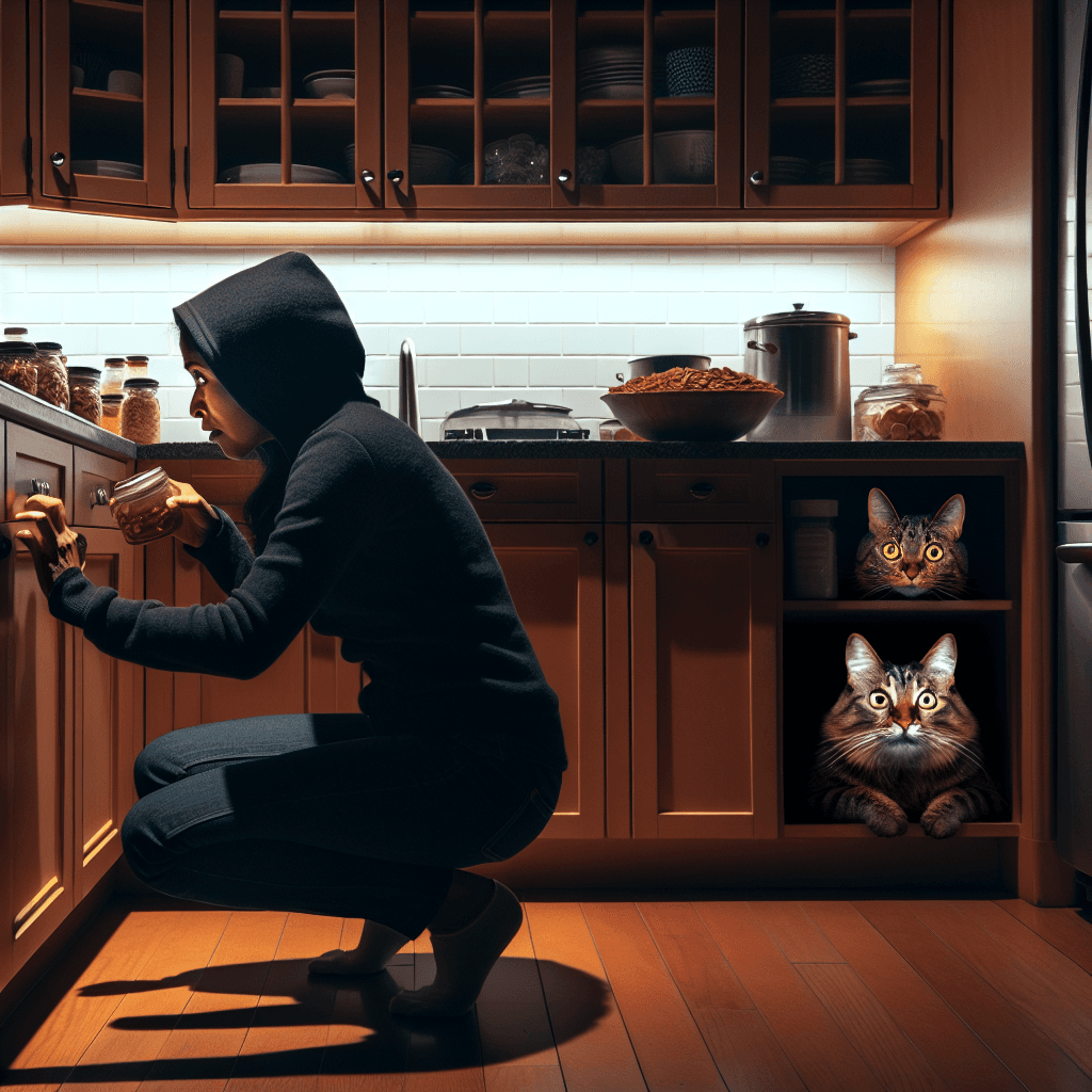 Zabawny mem o Zwierzęta: Zabawna obserwacja, jak nocne przekąski często prowadzą do nieoczekiwanego osądu ze strony naszych zwierząt. Idealne dla tych, którzy próbowali podkraść coś po godzinach.