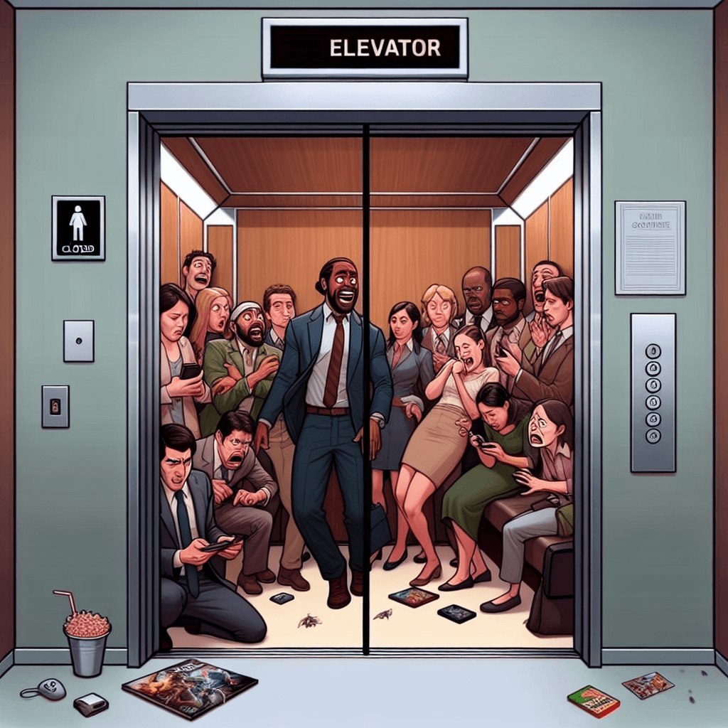 Zabawny mem o Praca: Radzenie sobie z małymi rozmowami w windzie to powszechna walka. Ten mem uchwyca chaotyczne uświadomienie sobie, że trzeba rozmawiać z kimś, kogo ledwo się zna w zamkniętej przestrzeni.