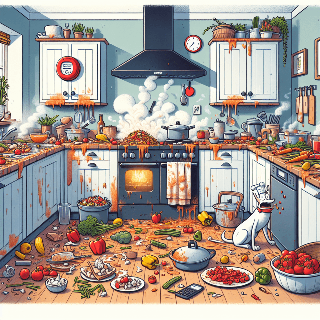 Lustiges Meme zu Tiere: Kochen versuchen? Eher überleben wie nach einer Küchenexplosion! Dieses Meme fängt das Chaos missratener Kochversuche ein.