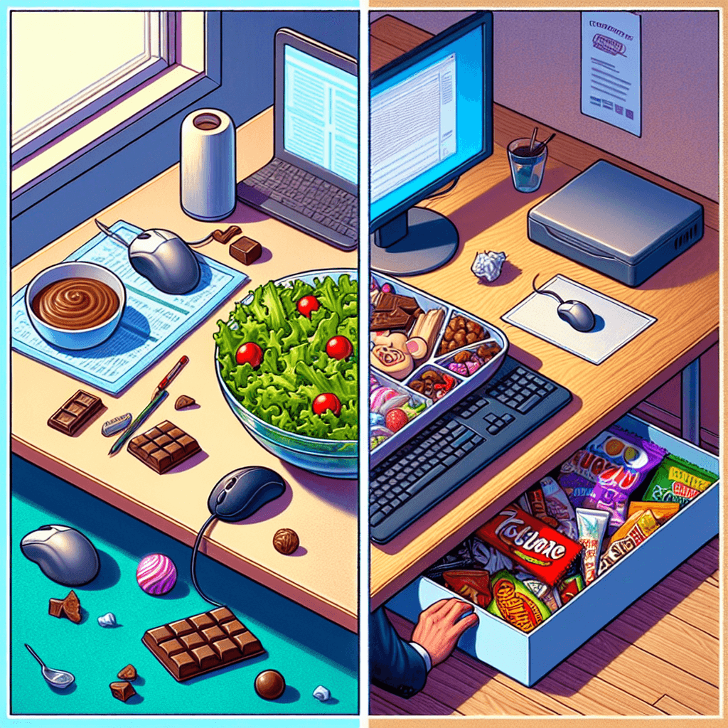 Meme divertido sobre Trabajo: Este meme captura la experiencia caótica de intentar comer sano mientras luchas contra intensos antojos de comida chatarra. Es algo con lo que cualquiera que busque un estilo de vida más saludable puede identificarse, sintiendo a la vez la atracción de sus golosinas favoritas.