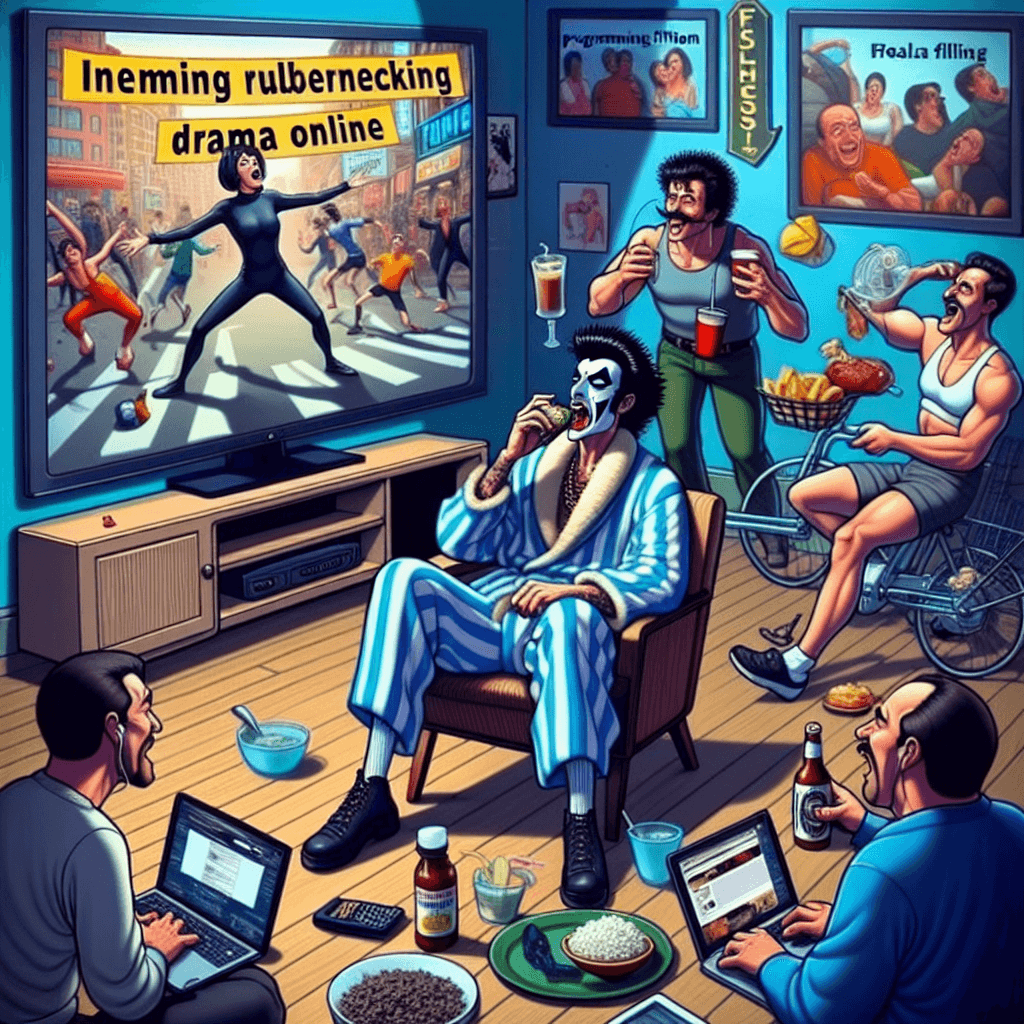 Meme engraçado sobre Programação: Esse meme captura a atração de ficar de olho em conflitos online, mostrando como as pessoas ficam fascinadas pelas desgraças dos outros em vez de focar na própria rotina.