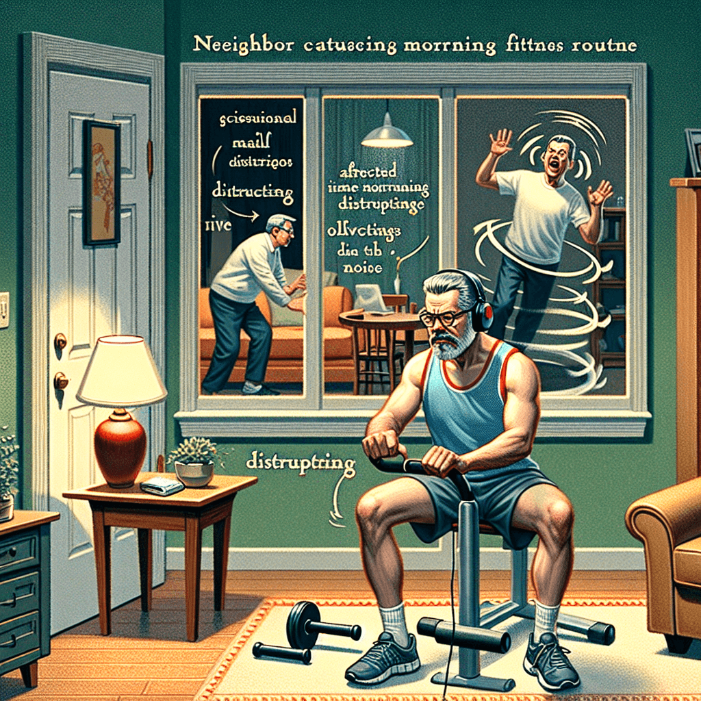 Lustiges Meme zu Beziehungen: Späte Störungen durch Nachbarn bringen deine Morgenroutine durcheinander. Ein humorvoller Blick auf Fitnessziele, die mit echten Lärmproblemen kollidieren.