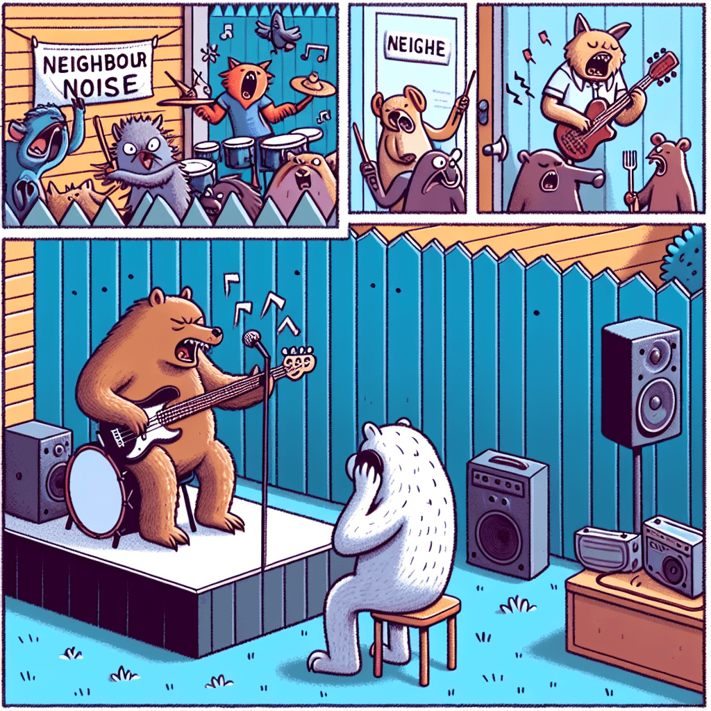 Zabawny mem o Zwierzęta: Humorystyczne spojrzenie na znaną sytuację z głośnymi sąsiadami. Ten mem trafia do każdego, kto doświadczył niespodziewanych zakłóceń.