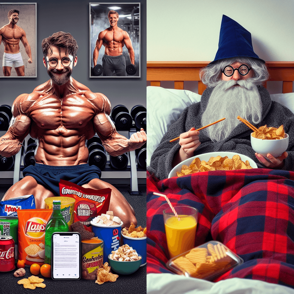Lustiges Meme zu Arbeit: Eine humorvolle Betrachtung der Kluft zwischen Fitnessmotivation und echten Wünschen. Viele können sich mit diesem inneren Konflikt identifizieren, während sie durch soziale Medien scrollen.