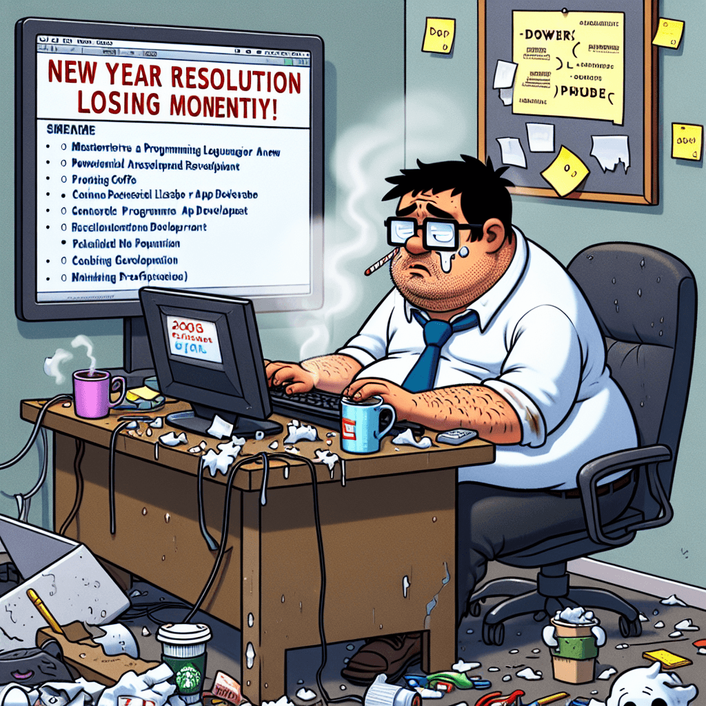 Programlama hakkında komik meme: Yıl ortasında genellikle sönümlenen iddialı programlama hedeflerine mizahi bir bakış. Büyük hedefler koyan ama uygulamada zorlanan geliştiriciler için mükemmel.